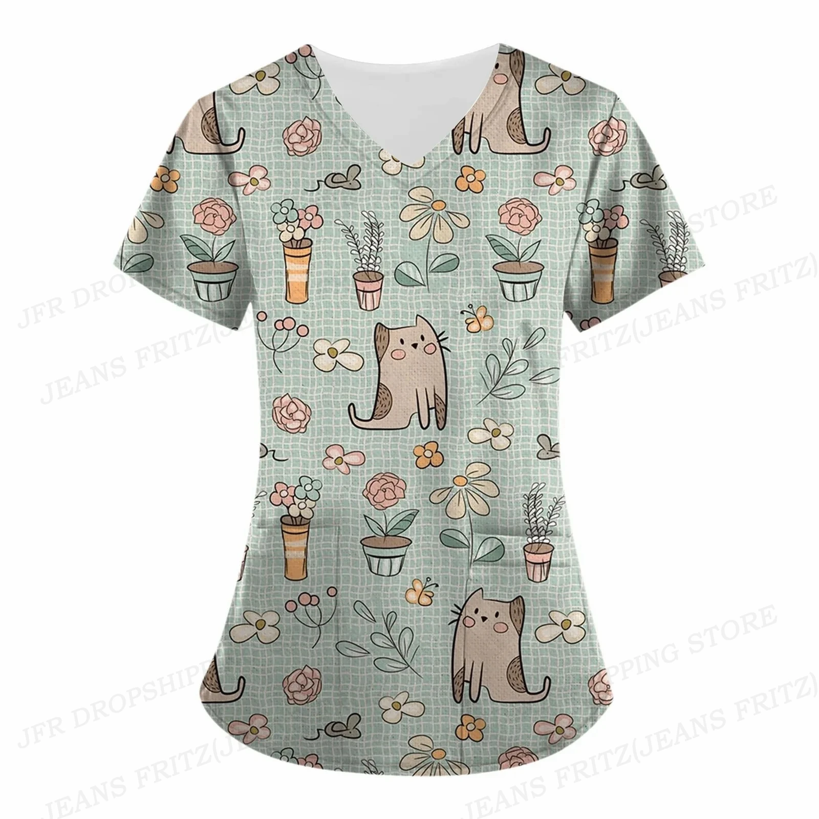 Women Nurse Uniform Flower 3d Print V-Neck Pocket Medical Uniforms Cartoon Cat Nursing Scrubs Tops Uniforme enfermera