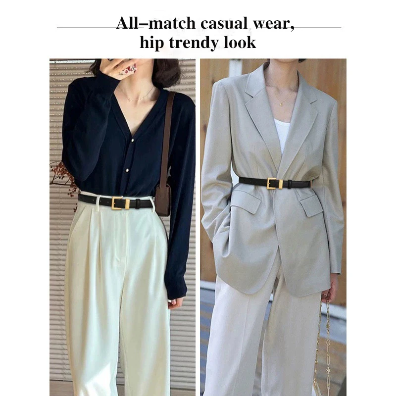 Ladies Leather Belt; Cowhide Versatile Decoration for Suit Waist Belt; Retro Simple High-End Black Ins Style Denim Belt