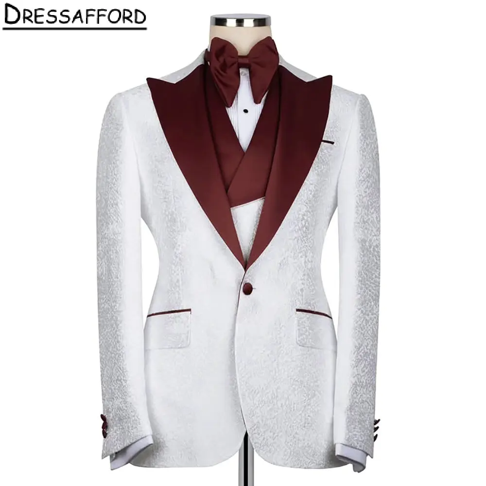 

White Jacquard Formal Men Suits Three Pieces Evening Party Blazer Groom Wear ( Jacket+Vest+Pants )