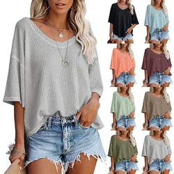 Ladies Tops bat sleeve T-Shirt2022 Summer New V-Neck bat sleeve Waffle Knit Loose Solid Color Short Sleeve T-Shirt Tops Women's