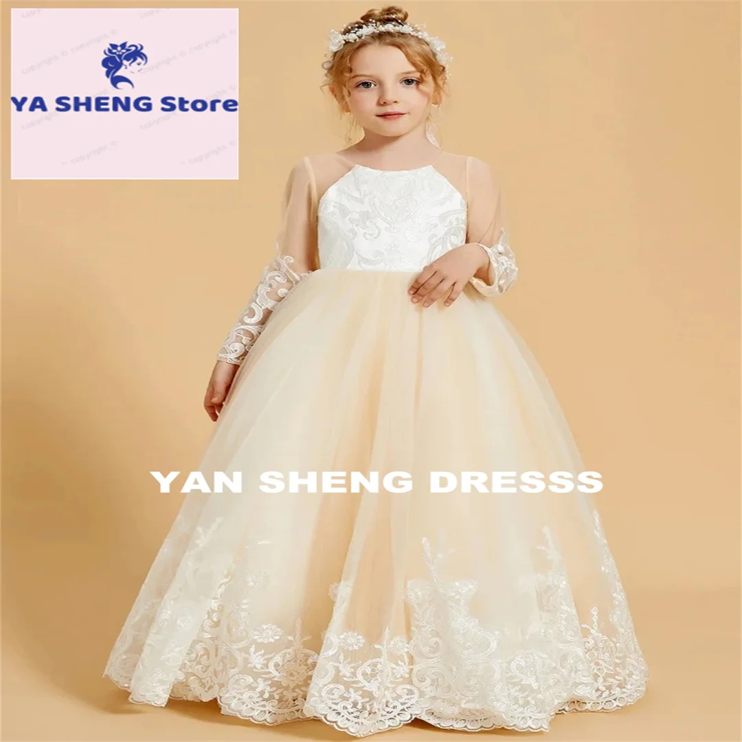 Customized Flower Girl Dress Champagne Tulle Long Sleeve with Lace Appliques White Bow for Wedding Birthday Party Prince