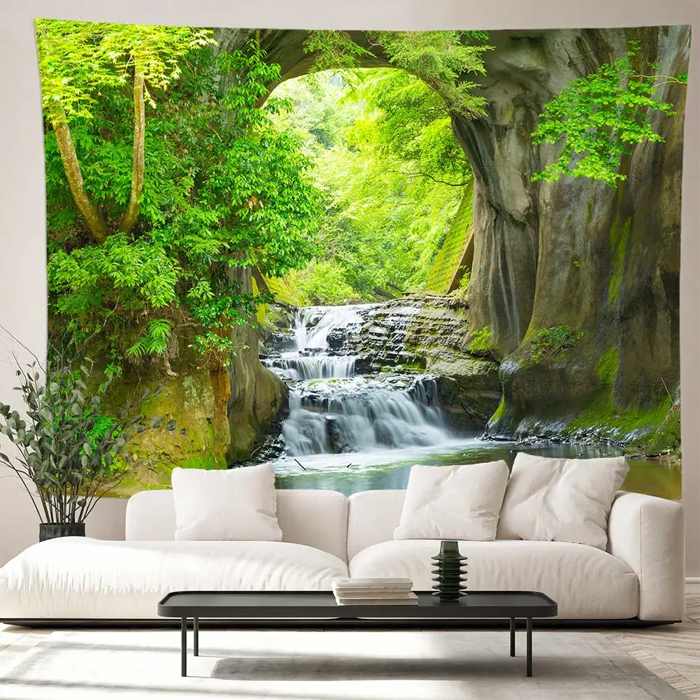Beautiful natural forest, waterfall, printed large wall tapestry, sea view hippie wall tapestry, bohemian mandala wall tapestry