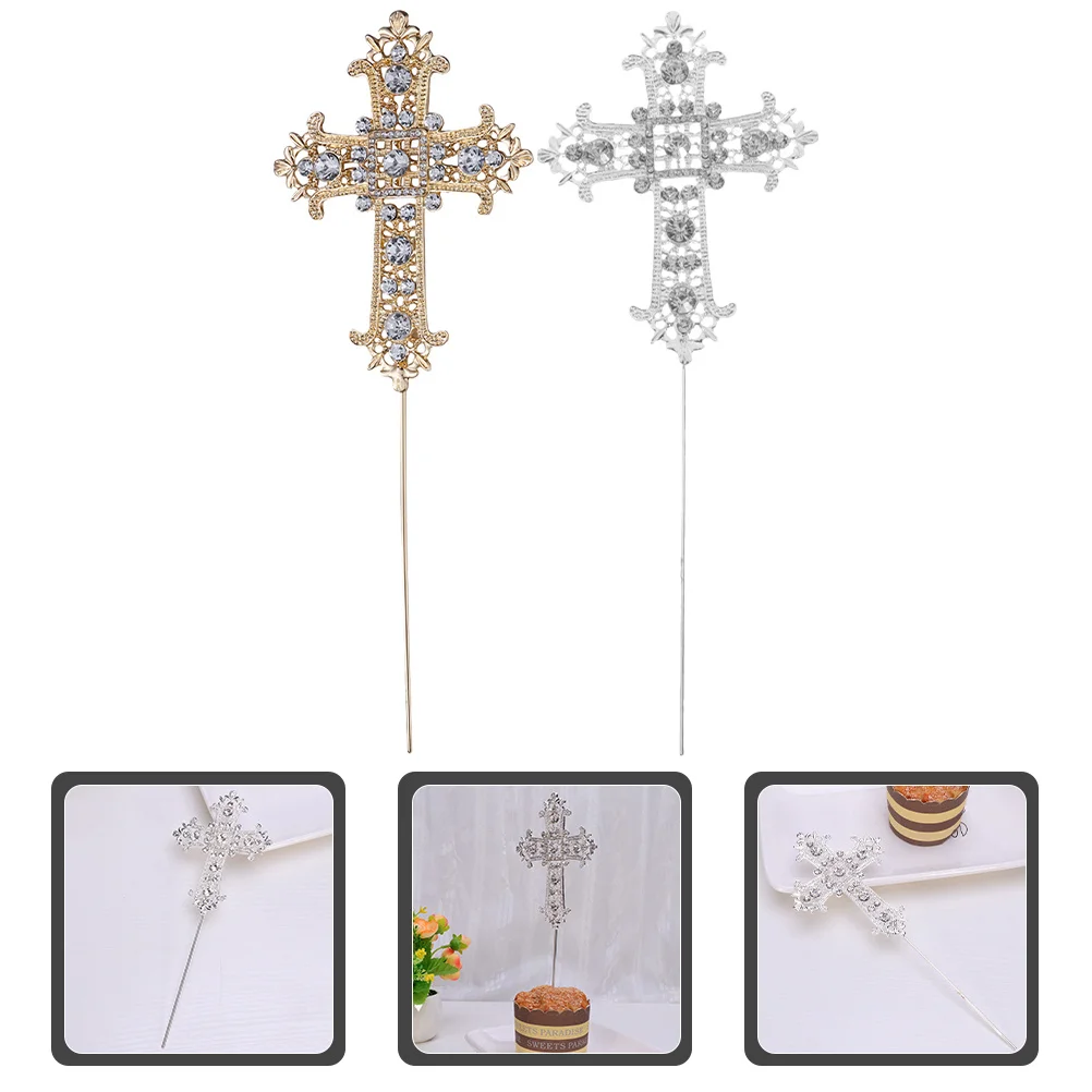 

2Pcs Sparkling Rhinestone Cross Cake Topper Set for Cupcake Fruit Dessert Decoration Wedding Party Favor Decor
