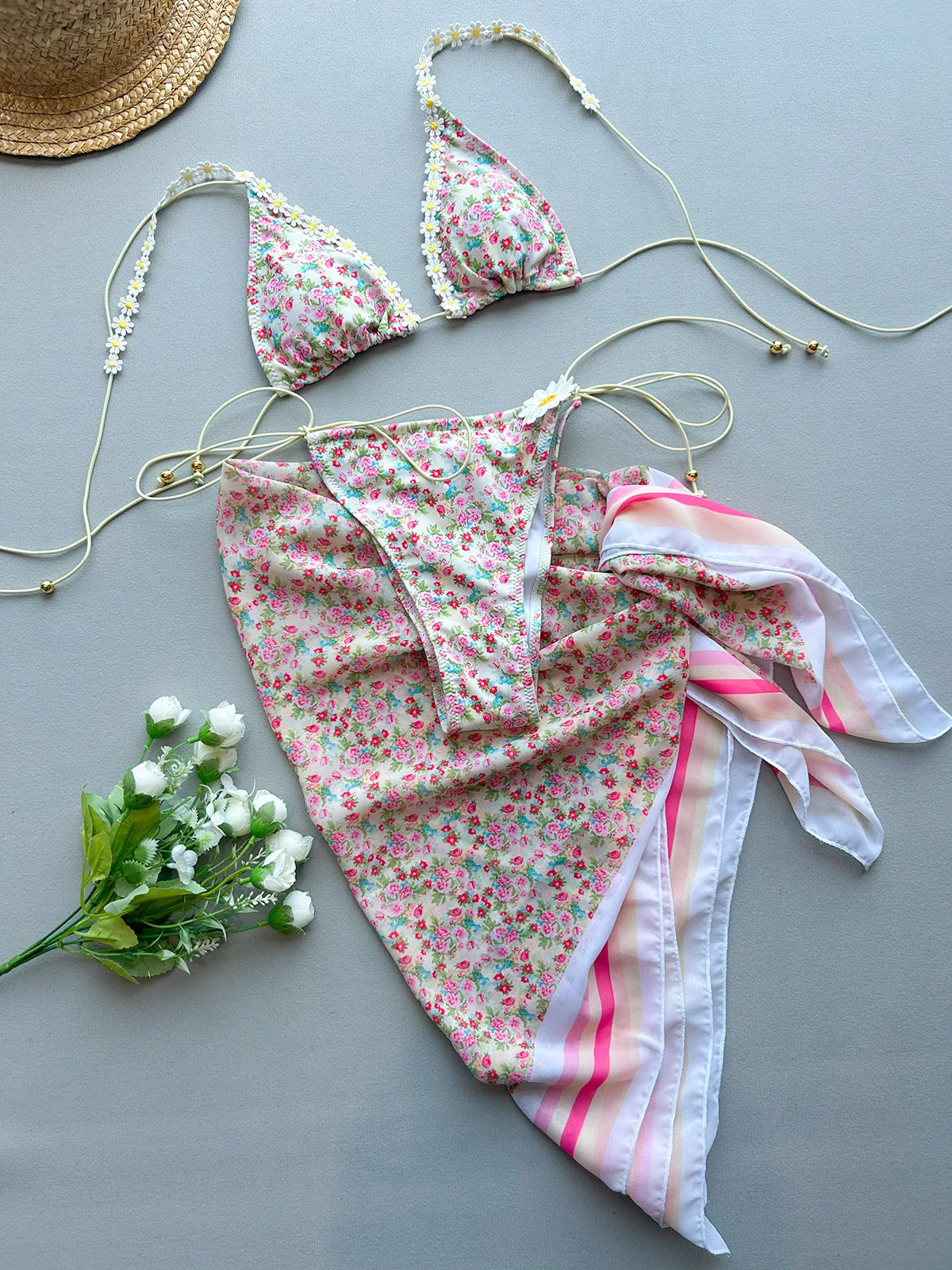 

Melphieer 3 Piece Ribbon 3D Lace Flower Sarong Bikini Set Swimsuit Women Swimwear Beachwear Party Club Summer Co Ord Sets New