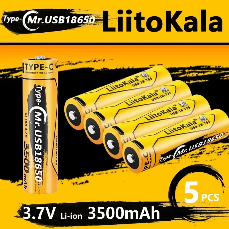 Liitokala-充電式リチウム電池,USB,タイプC, 5v入力,3.7v,18650 mah,容量3500mah,おもちゃ,キーボード,USB-18-T35, 35t,5個