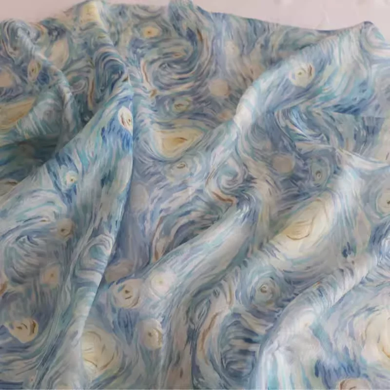 

Blue printed polyester fabric for blouse dress clothing material DIY fabric