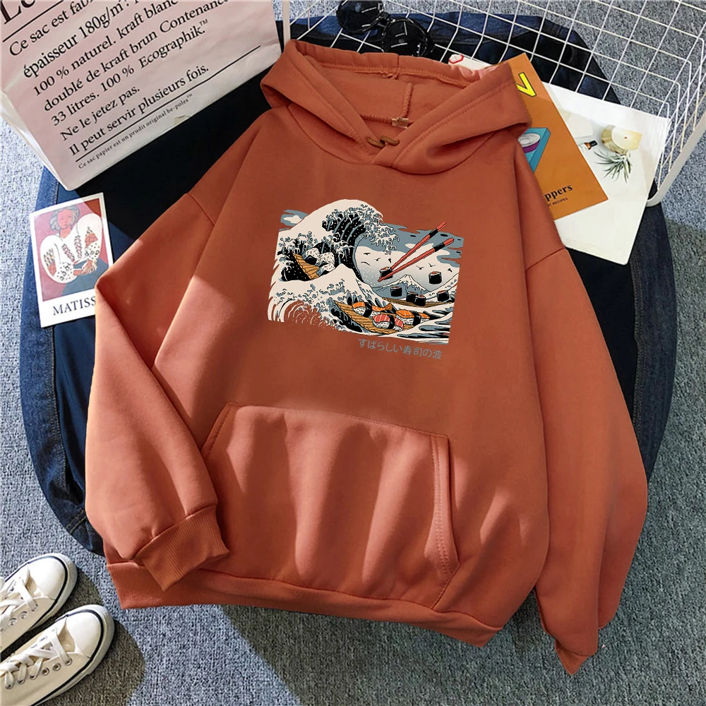 Sushi Wave Ukiyo E Man Hoodies Japan Harajuku Prints Clothing Simplicity Loose Hoody Autumn Winter Fleece Fashion Sweatshirts