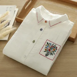 2025 Woman Ukrainian art floral embroidery blouses long sleeve shirts cotton women's white shirt autumn lady clothes