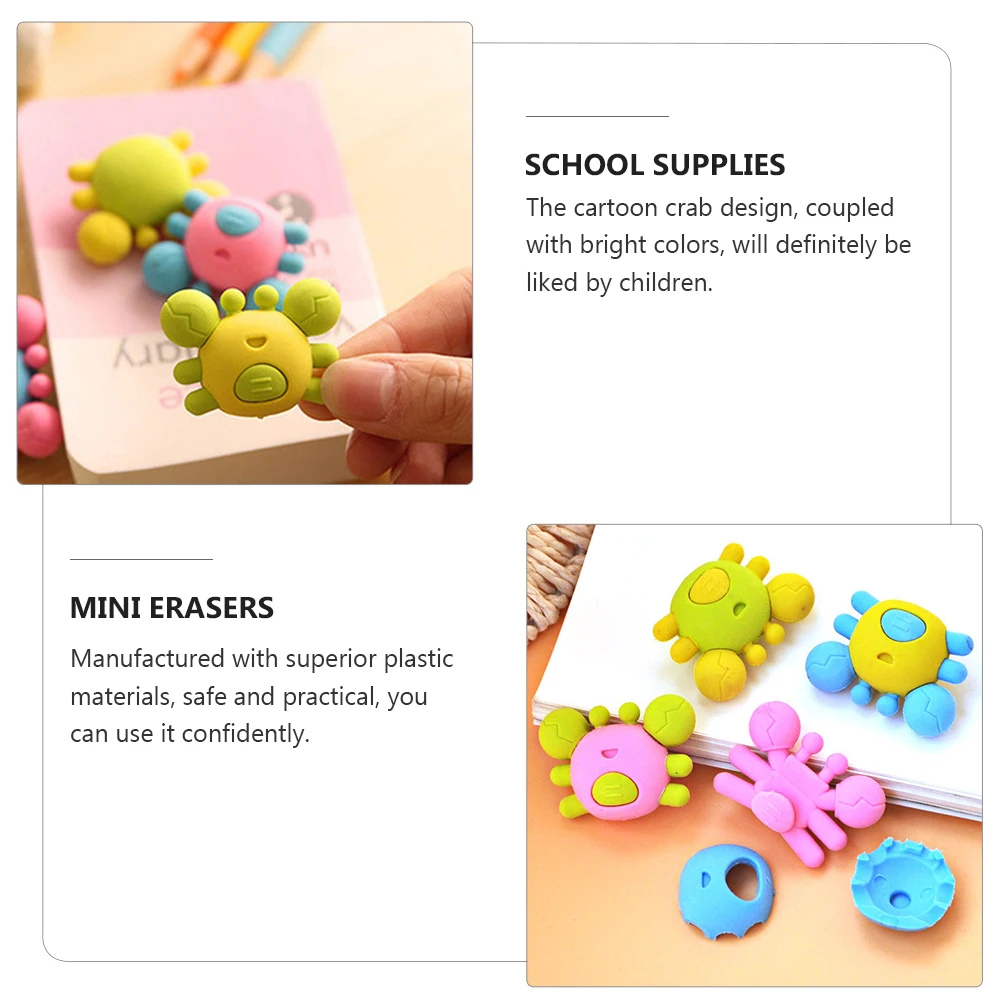 

20Pcs Mini Cartoon Crabs Shaped Erasers Safe Practical School Office Supplies for Kids Learning Fun Projects