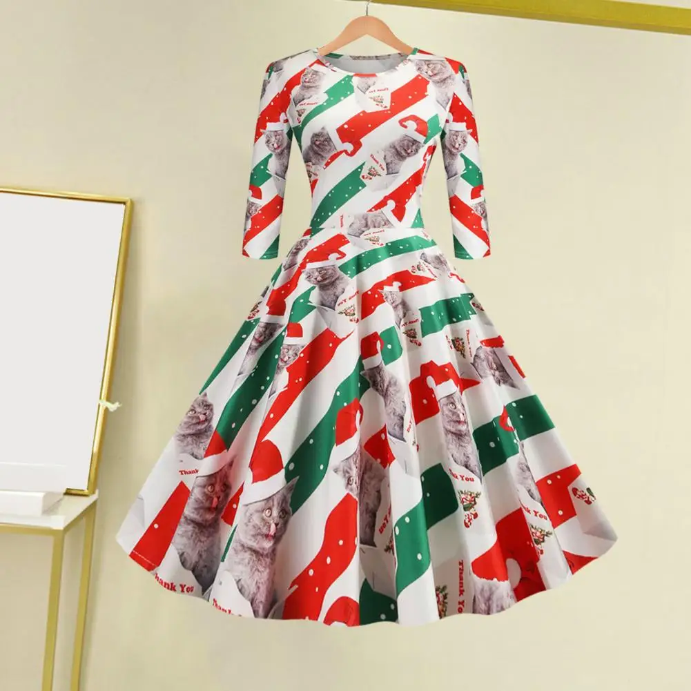 Women Christmas Dress A-line Loose Hem Half Sleeve Dress Mid Waist Printed Big Swing Lady New Year Party Prom Midi Evening Dress