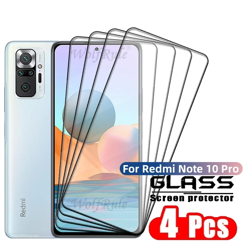 Pelindung layar kaca penuh, 4 buah untuk Redmi Note 10 Pro kaca Xiaomi Redmi Note 10 Pro kaca Tempered 9H pelindung layar Redmi Note 10 Pro