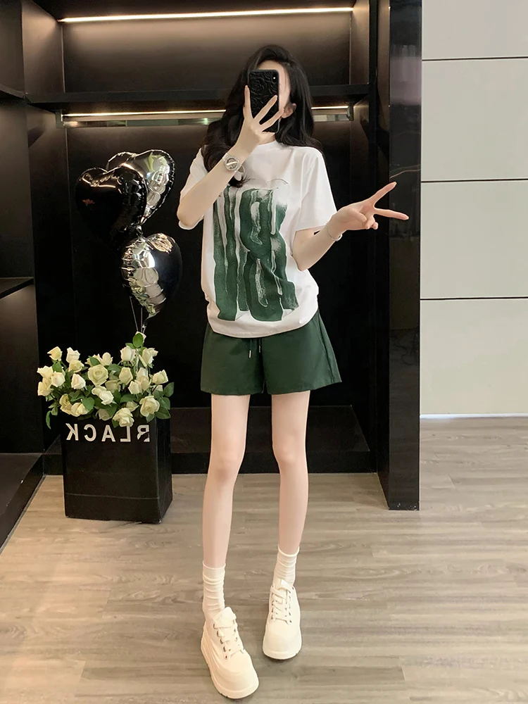 

Summer New Loose Fitn Running ort Sve orts Set Women's Casual Sportswear Two-Piece Suit Cotton round Ne Overhead