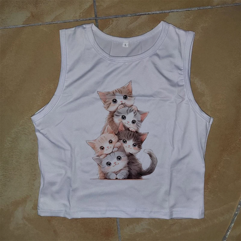 

2000s Y2k Cute Cat Pattern Print Crop Top Fashion Vintage Harajuku Aesthetics T-shirt Punk Gothic Sexy Streetwear Slim Baby Tees