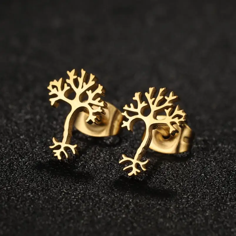 Jisensp Simple Creative Brain Neuron Earrings Big Tree Root Biology Studs Earrings for Women Stainless Steel Jewelry Party Gift