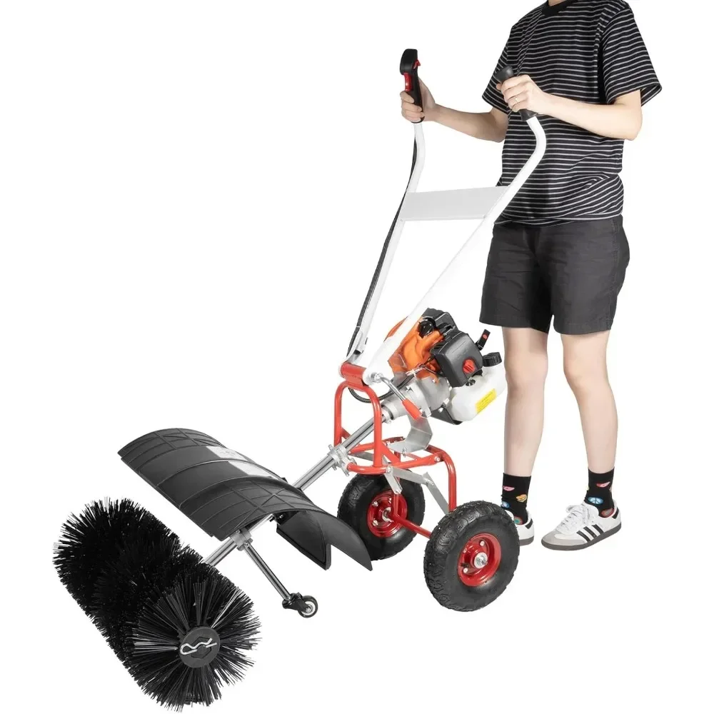 Gas Power Broom Sweeper, 52CC 2.5HP Air-Cooled Fuel Engine Snow Sweeper for Snowplow Broom Driveway Lawns Artificial Grass Clean