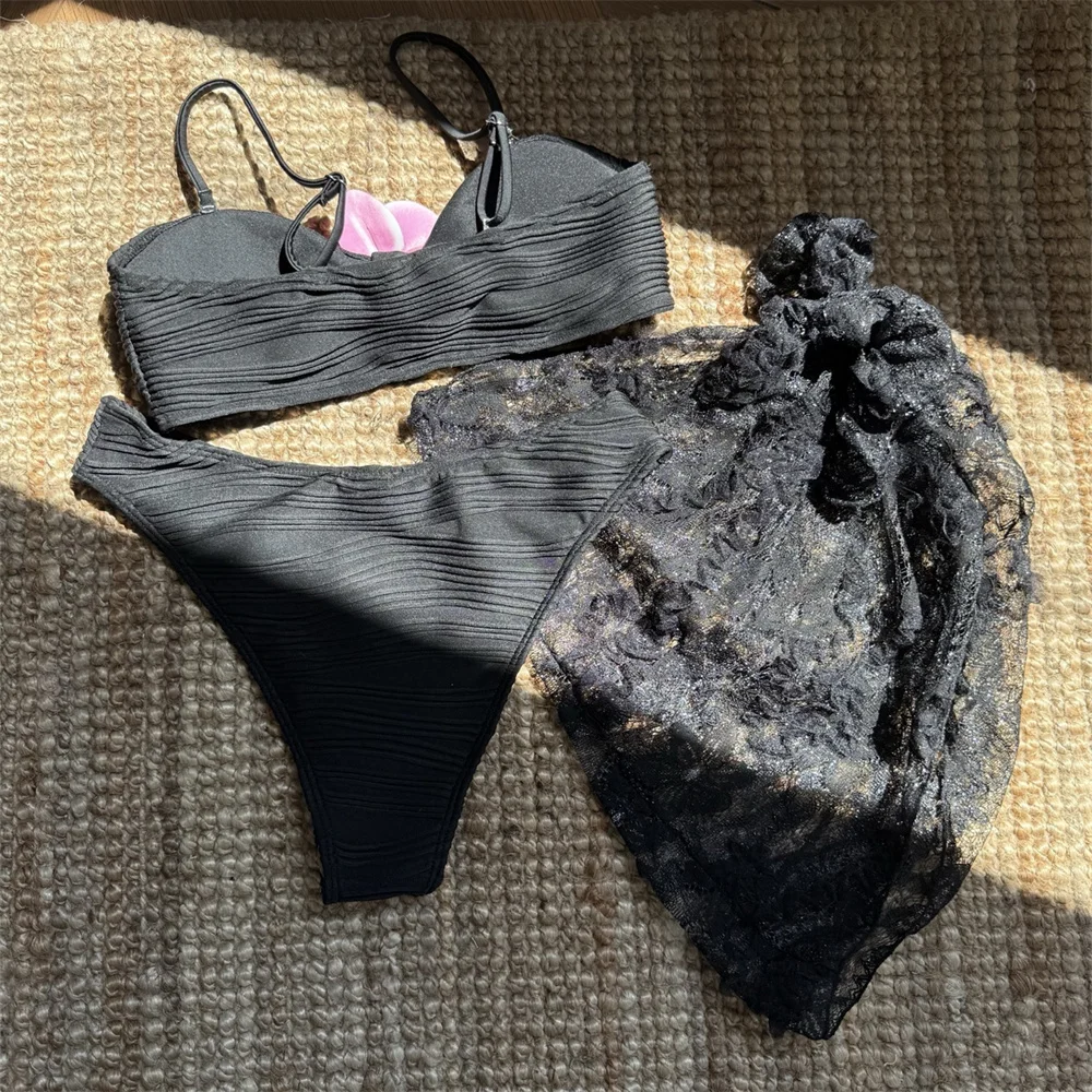 Sexy Zwarte Bikini Roze Bloem Badpak Lace Cover Ups Vrouwen Ribbels Zwemmen Bikini Vakantie Badmode Strand Outfit Badpak