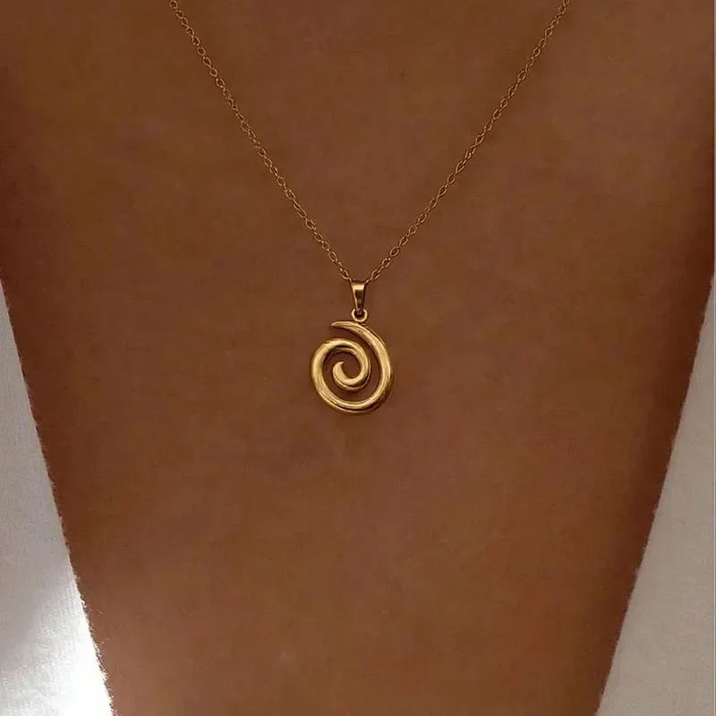 Stainless Steel Metal Hollow Vortex Spiral Pendant Necklace for Women Fashion Gold Color Clavicle Chain Necklace Jewelry