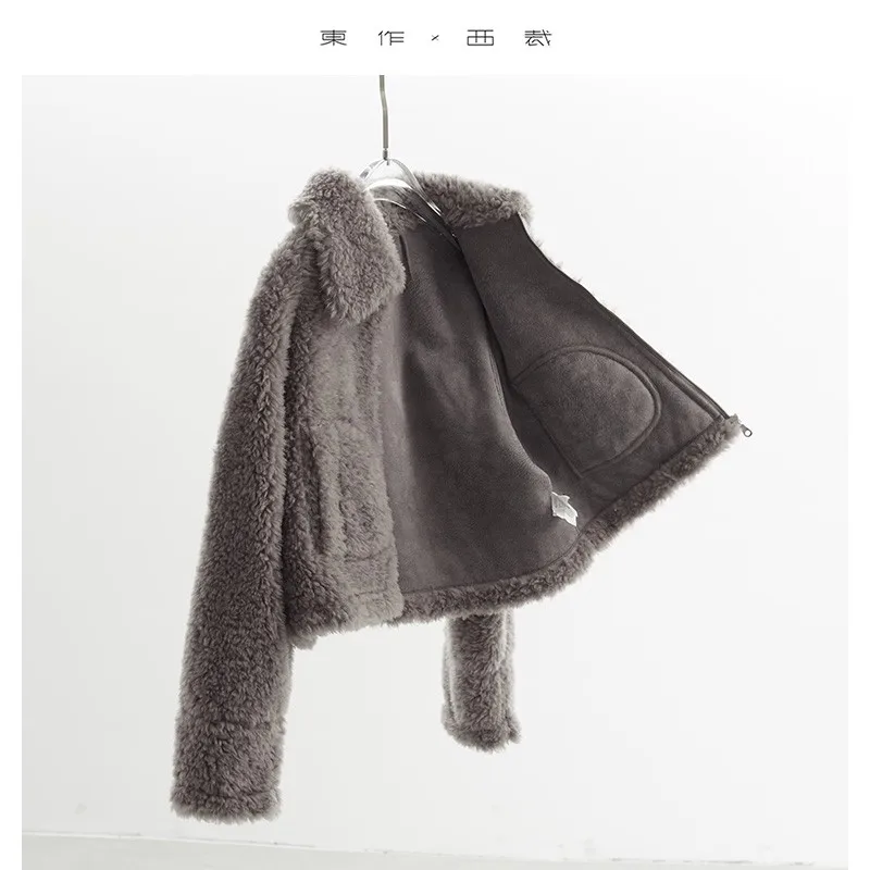 Un must per le donne piccole ~ Cappotto corto peloso di lana, giacca di lana di agnello, top integrato in pelliccia composita di lana al 100% ispessita, stile invernale da donna