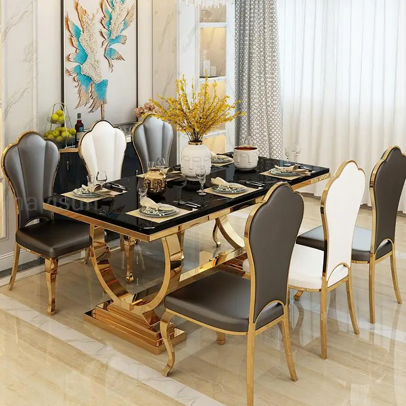 

White Luxury Kitchen Table With Marble Rectangle Stable Gold Plated Unique Stainless Steel Frame Dining Table Chairs Combination