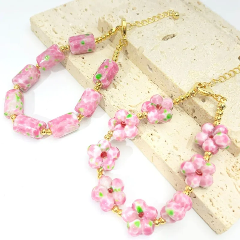 

New Summer Beach Holidy Jewelry Retro Sweet Pink Frog Skin Glass Beads Flower Bead Bracelet Design Sense Medieval Bracelet Women
