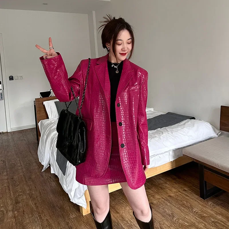 Spring Korean Rose Red Crocodile Pattern Faux PU Leather Suit Jacket Women Casual Single-breasted Suit Collar Blazers Streetwear