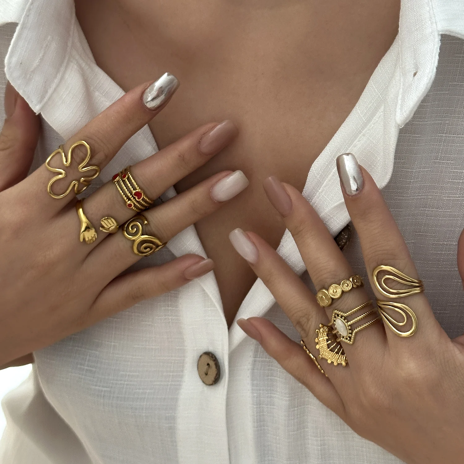 Vintage PVD-Vergoldete Edelstahl Offene Ringe Set für Frauen Geometrische Hohle Verstellbare Ringe Party Alltagsschmuck Wasserdicht – Detail 3