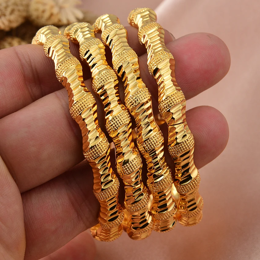 New 24K 4Pcs/lot Dubai Gold Color  Bangles  For Women Girls Bead Festival Good Luck Ethiopian Wedding Bangles Bracelet Jewelry