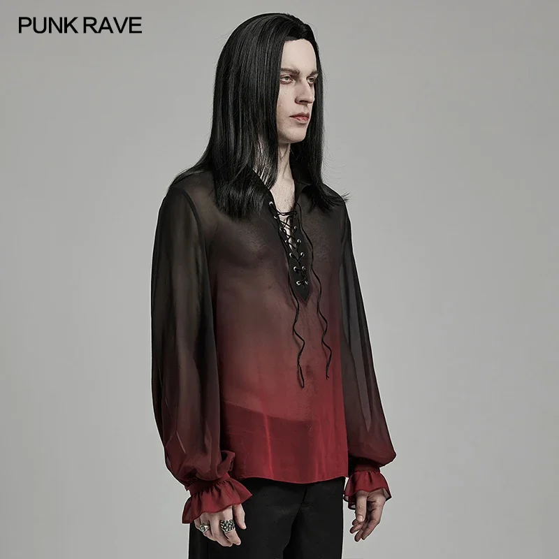 PUNK RAVE Men\'s Gothic Pattern Light Perspective Chiffon Gradient Shirt Classic Loose Gentleman Lantern Sleeves Tops