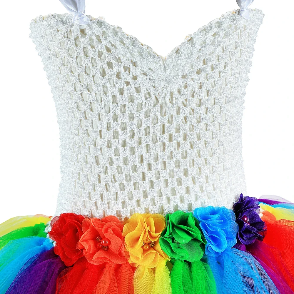 Vestido de tutú de arcoíris con cuello en V para niñas, tren de flores, vestidos de princesa de tul para niños pequeños, fiesta de cumpleaños,