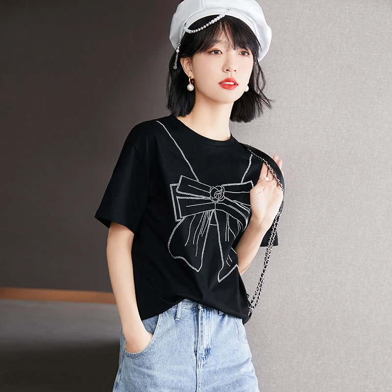 

2023 Summer New European and American Black Short Sleeve T-shirt Women's Summer Thin Round Neck Pullover T-shirt