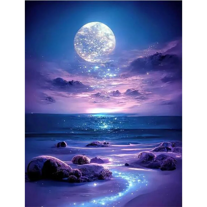 AB Diamond Diamond Painting The beach in the moonlight Embroidery Kit Wall Decoration Hanging Painting