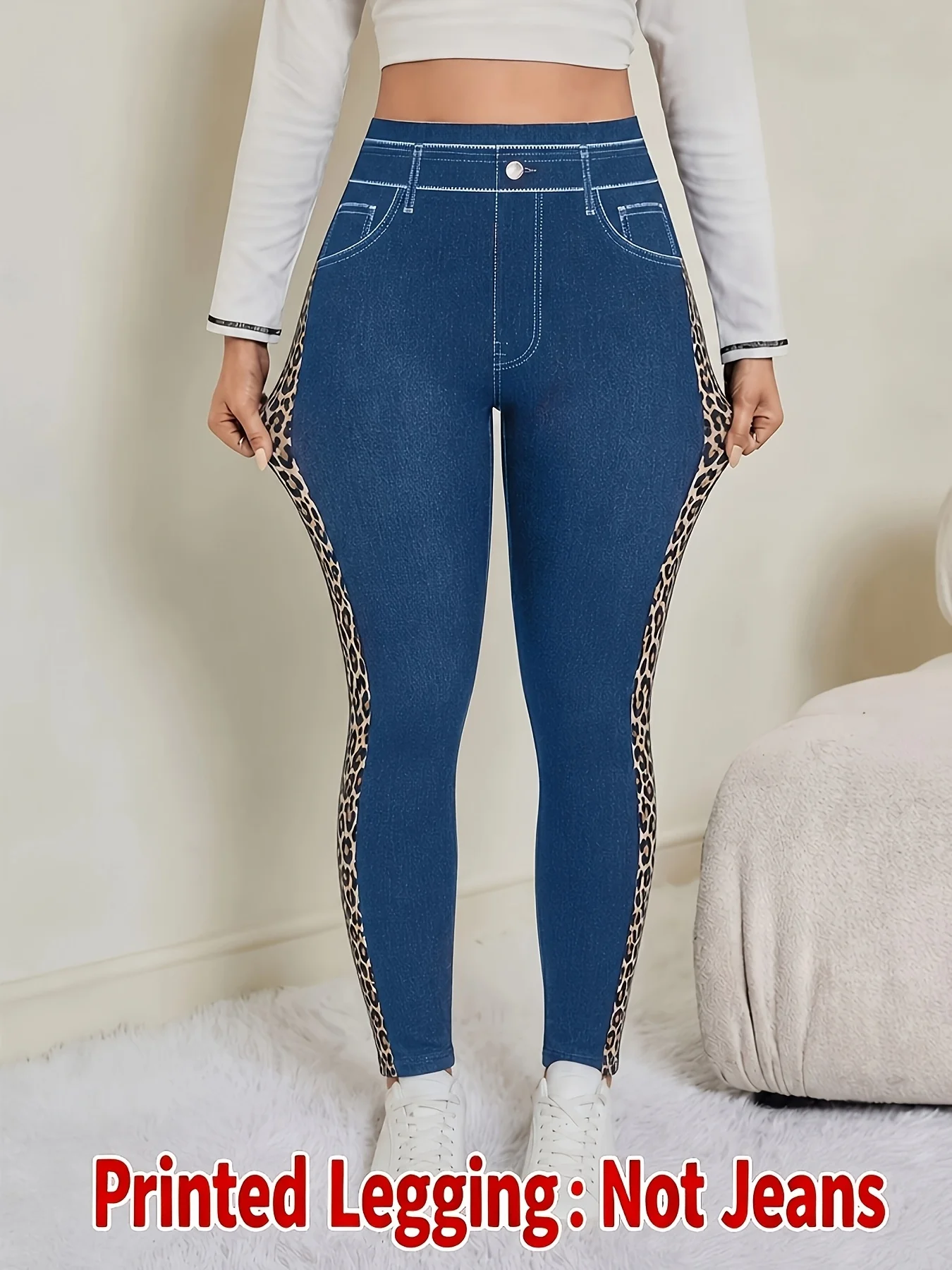 Bedruckte Leggings für Damen, kein Denim-Stoff, Hosen mit aufgesetzter Tasche und Knopfdruck-Design, hochelastisch, modisch, schmal geschnitten, lässig. – Detail 2