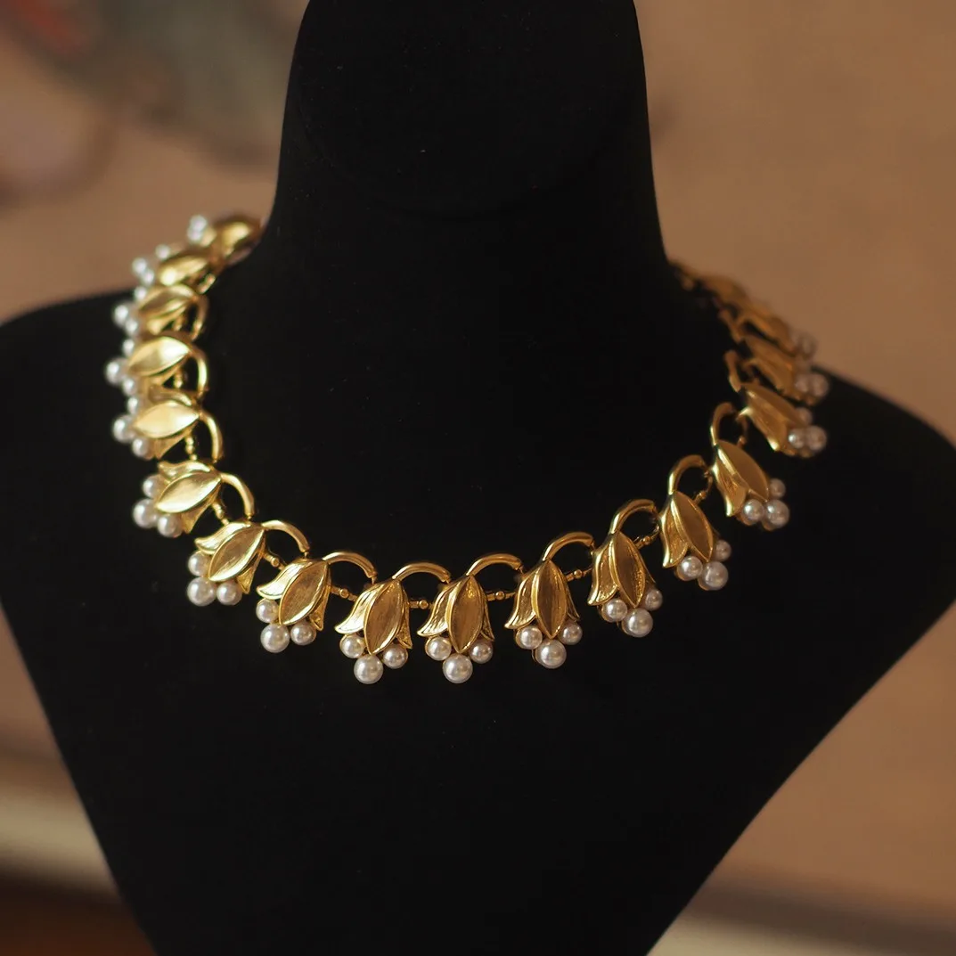 2025 New Lily-of-the-Valley Floral Pearl Monet-Inspired Evening Gown Necklace - High Luster Luxury Vintage Trifari-Style Stateme