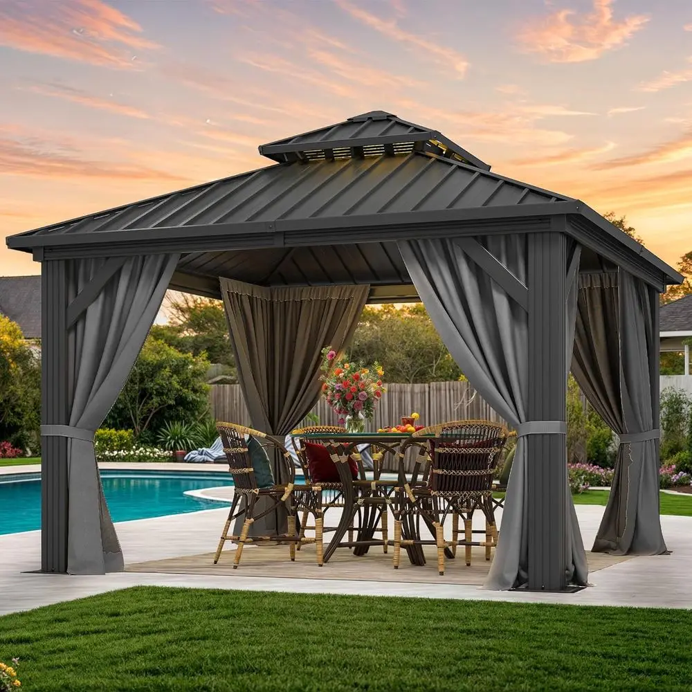 

10x10t Hardtop Gazebo Double Roo Hardtop with Nettings and Curtains, Heavy Duty e Galvanized Steel Outdoor or Patio, Backyard, D