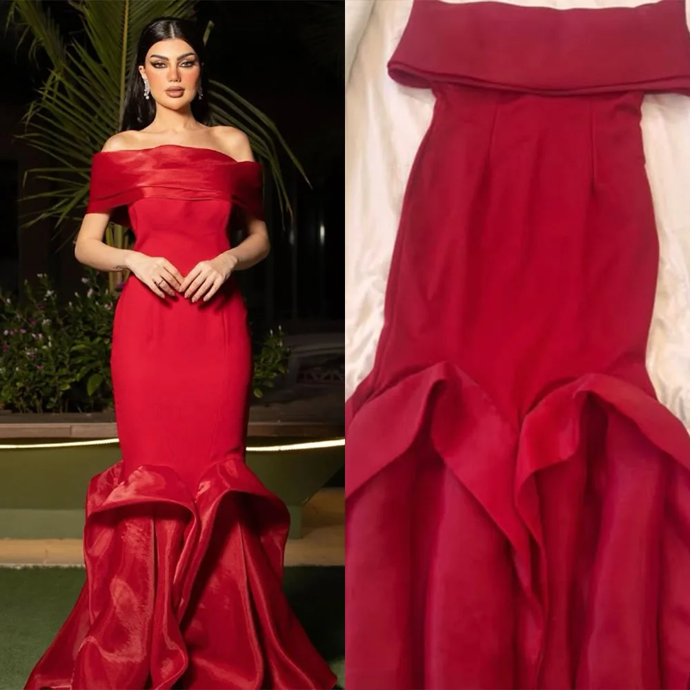 

High Quality Customized Floor Length Off Shoulder A-line Red Pleat Wedding Party Dress Vestidos Elegantes Para Mujer فستان احمر