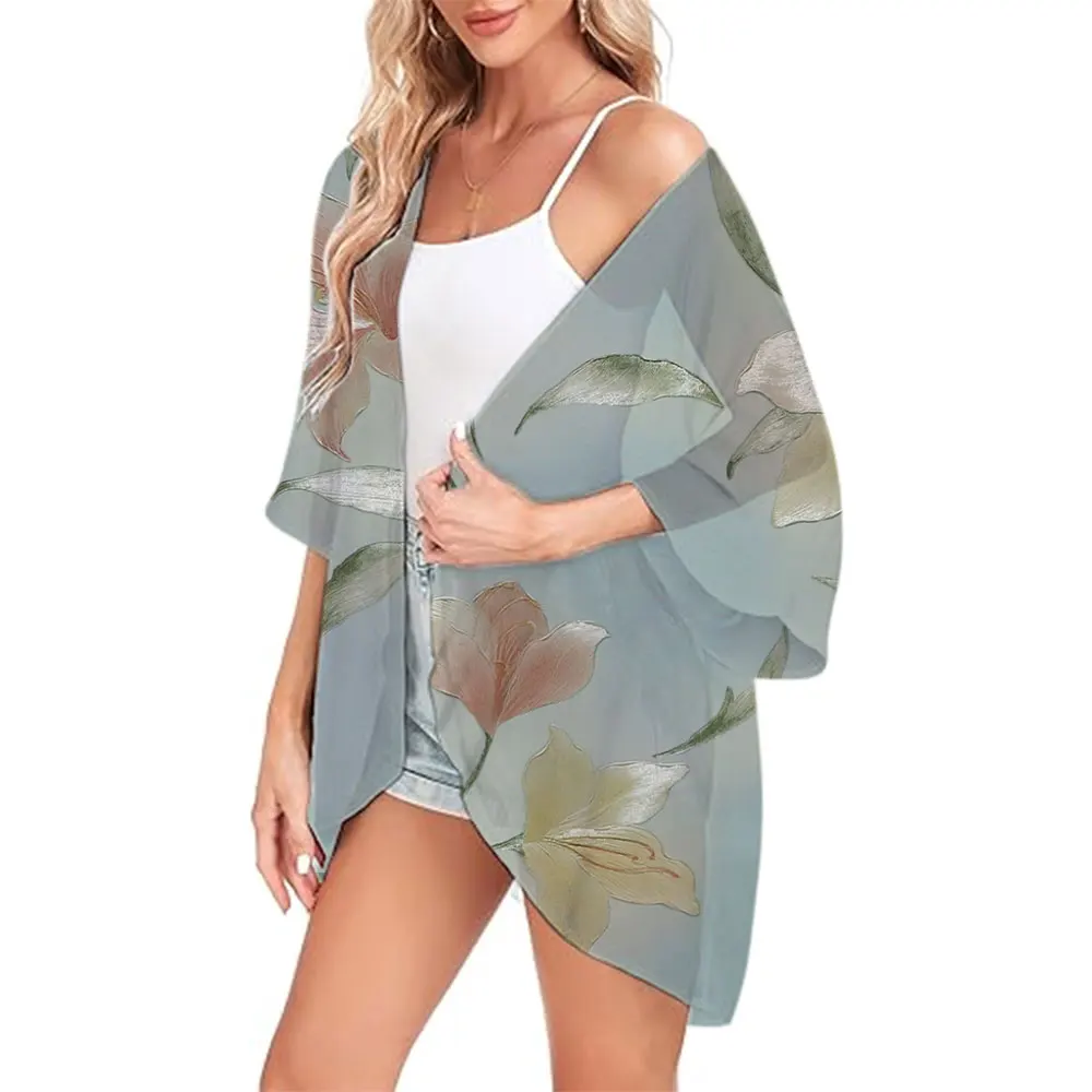 Nieuwe Dames Losse Bloemenprint Chiffon Coverups Strand Zwemmen Bikini Tops Kimono Cardigan Poff Mouw Cover Up Blouse Badmode Jas