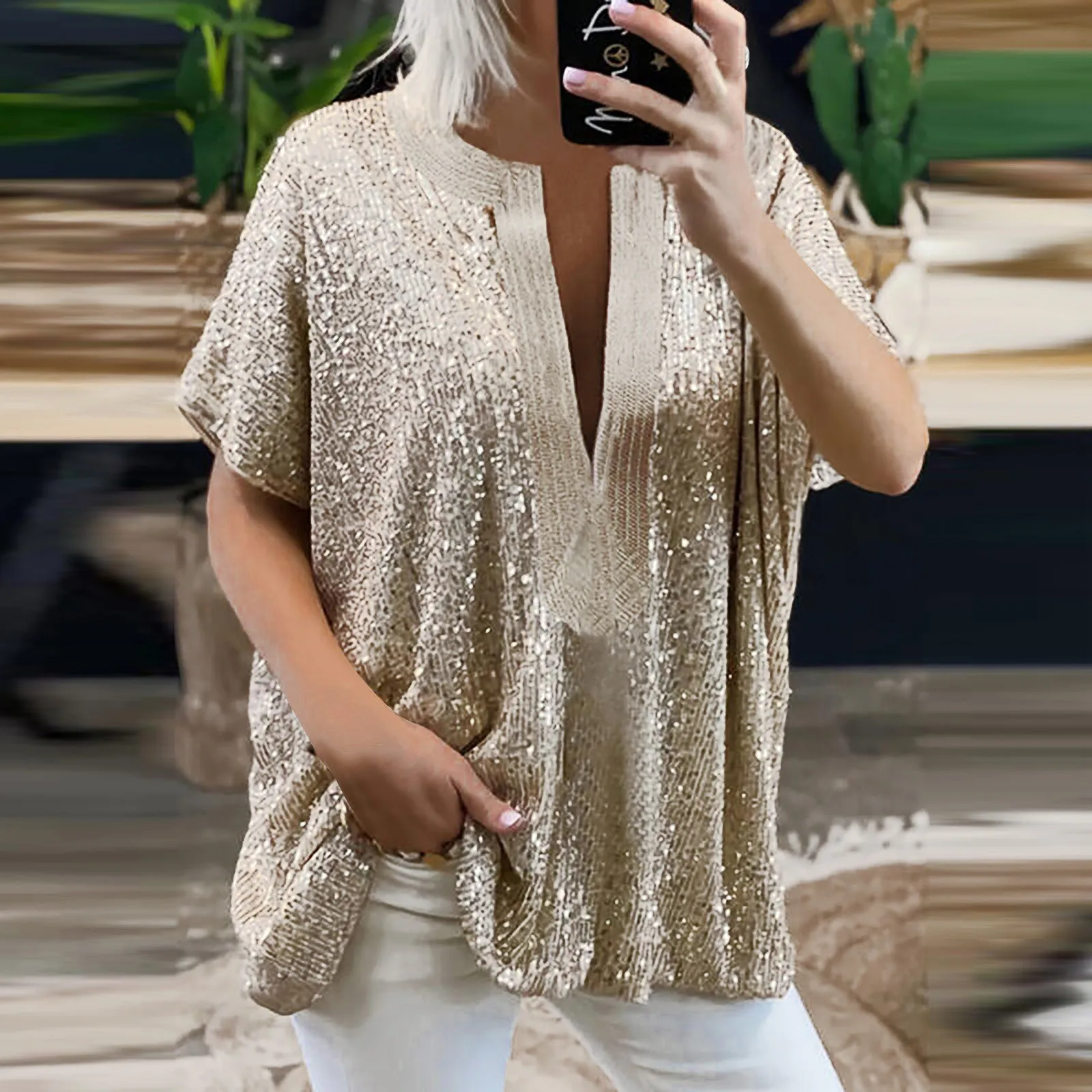 

Women Shiny Sequin T-Shirt V Neck Short Sleeve Glitter Overszie Tshirt Fashion Summer Loose Blouse High Quality Pullover T Shirt