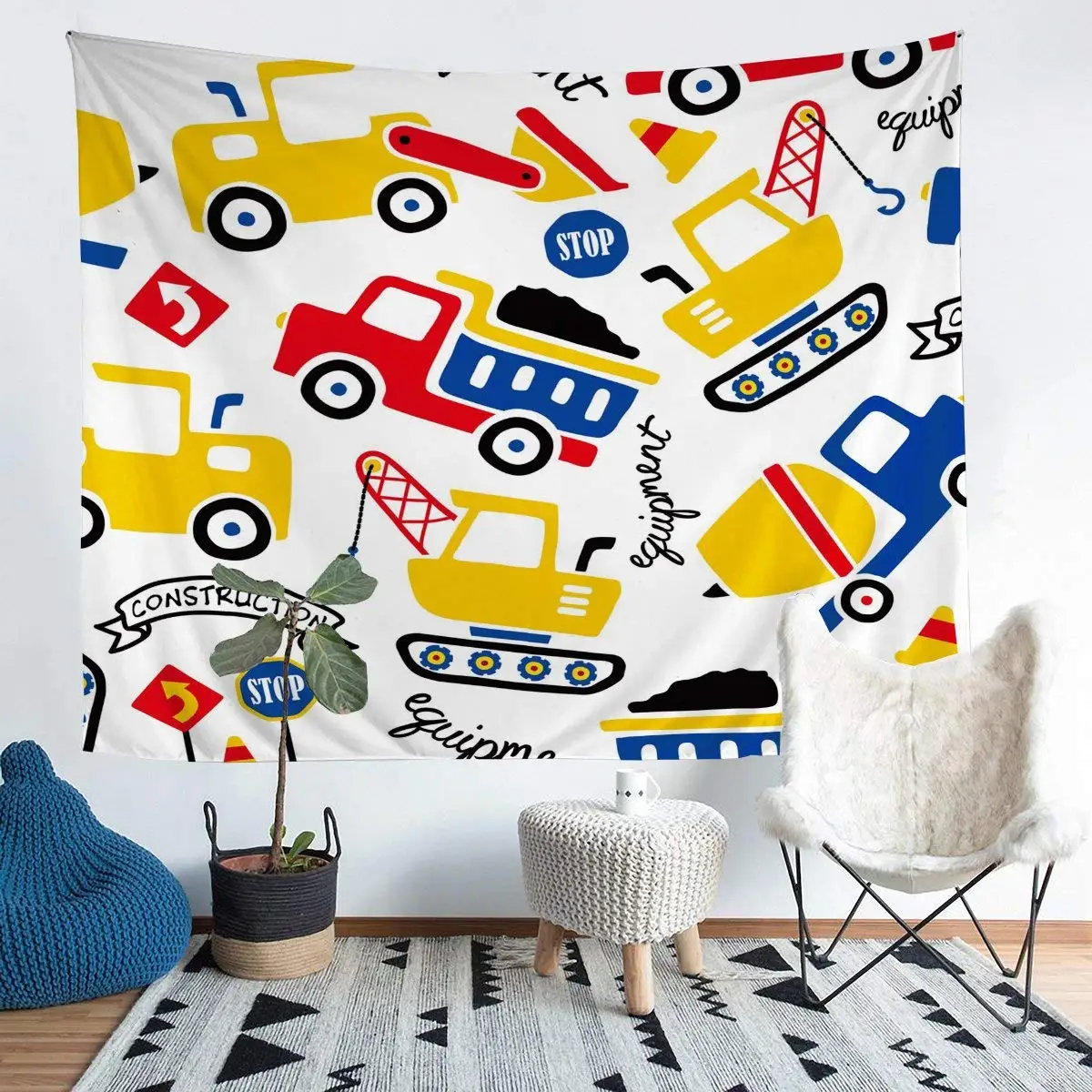 Cartoon Machinery Truck Tapestry Kids Boys Construction Vehicles Wall Blanket for Children Bedroom Machinery Style Wall Decor