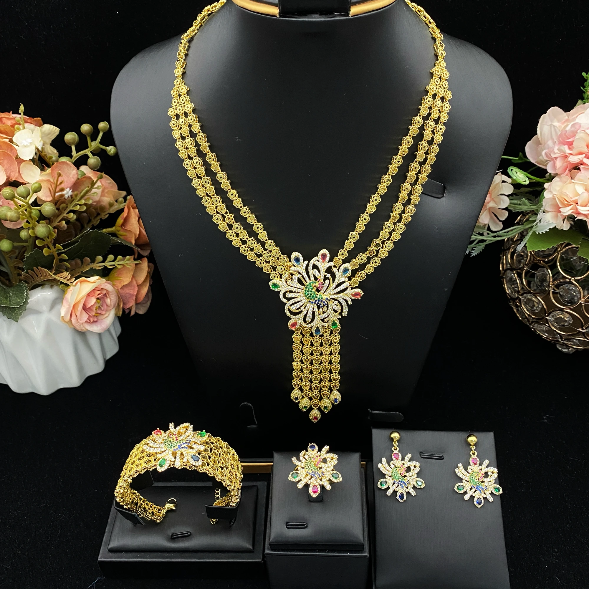 

Falair позолоченный медный комплект ювелирных изделий с фианитом, дизайн павлина, женский браслет, ожерелье, серьги, кольцо для вечерней свадьбы