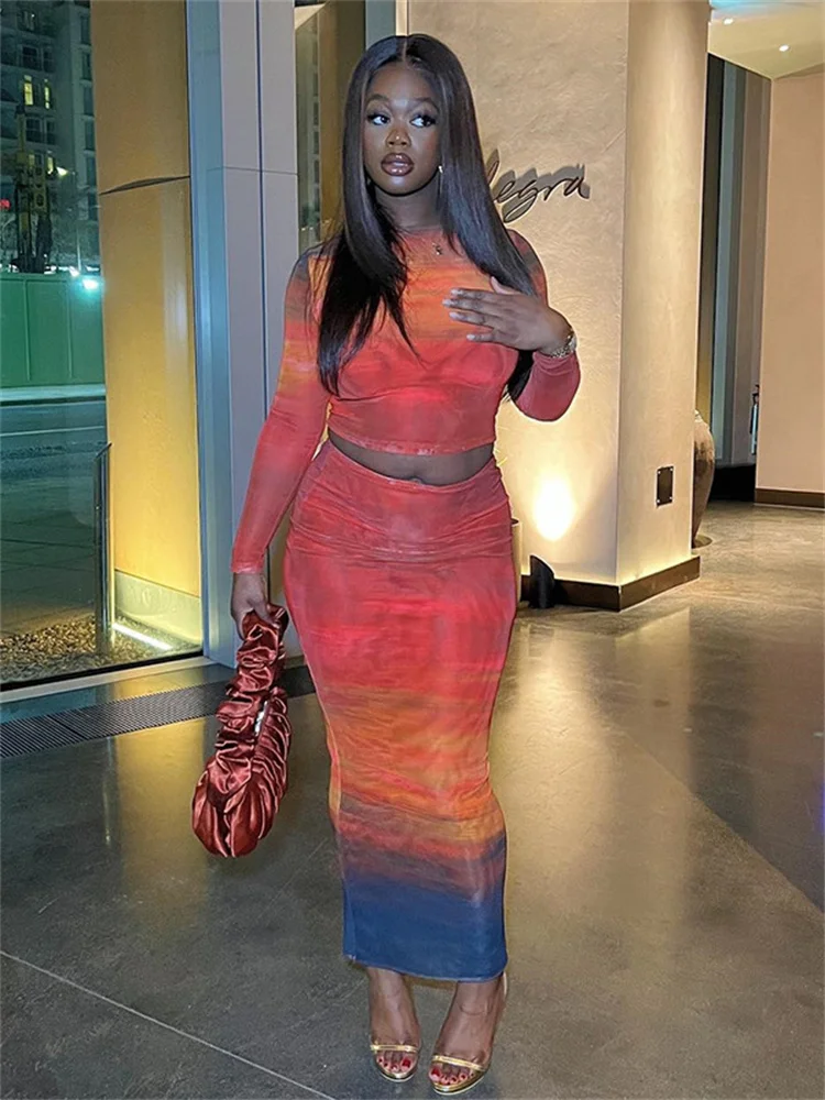 

Weird Puss Colorful Print 2 Piece Set Women o-Neck Skinny Full Sleeve Crop Tops+Maxi Skirts Hot Girls Street Elegant Outfits