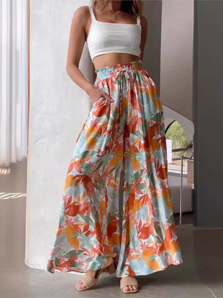 

Fashionable Loose Casual Wide Leg Pants Women's Spring Autumn Printed Drawstring Long Trousers Comfortable Female Clothing