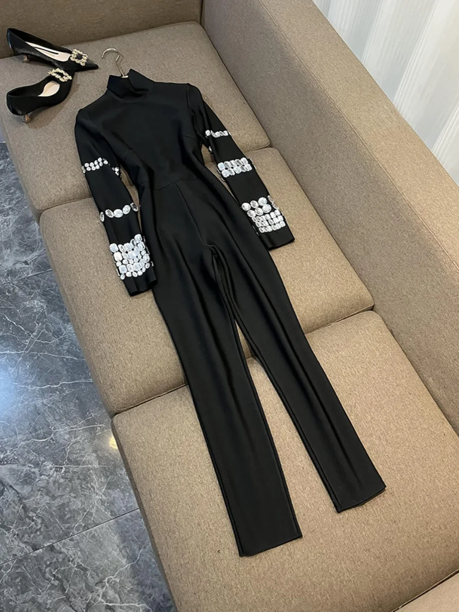 

Handmade High Collar Wrap Bodysuit Long Sve Tight Fit Women's Independent Station 3285 Bodysuit/Pants Diamond Embellied ...