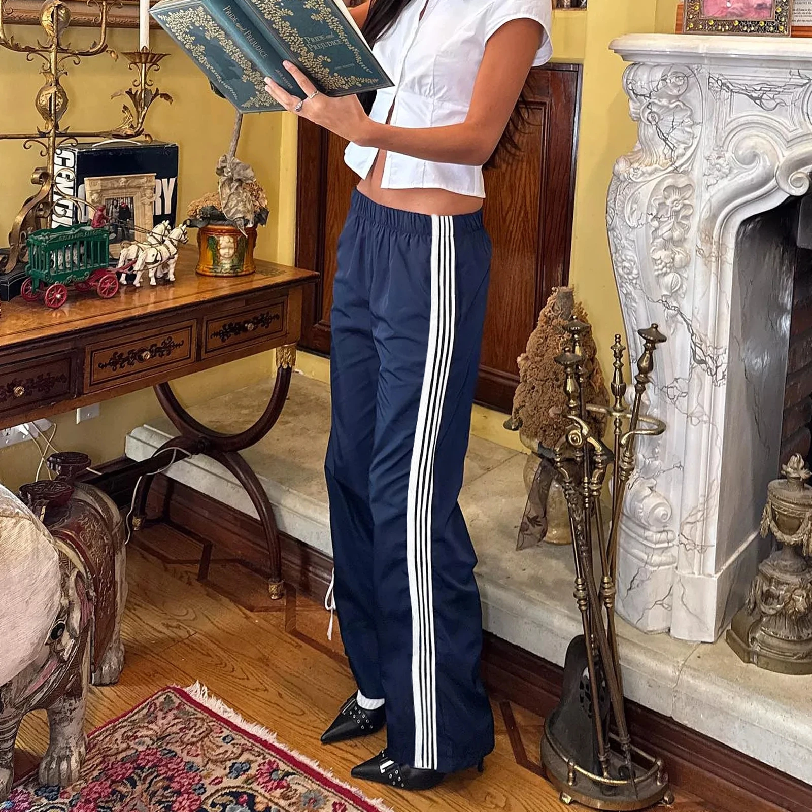 女性サイドストライプパンツ弾性ウエストストレートレッグスウェットパンツポケット付きカジュアルスポーツ日常着ストリート