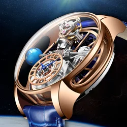 PINDU Design Celestial Series Quartz Watch Men's Curved Mirror Starry Sky Surface Crystal Earth Theme Wristwatch Montre homme