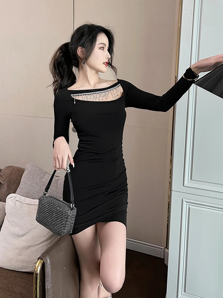 여성을위한 한국 스타일 우아한 드레스 2022 오-넥 다이아몬드 할로우 미니 클럽 비대칭 세련된 패키지 힙 여성 드레스 베스 티드