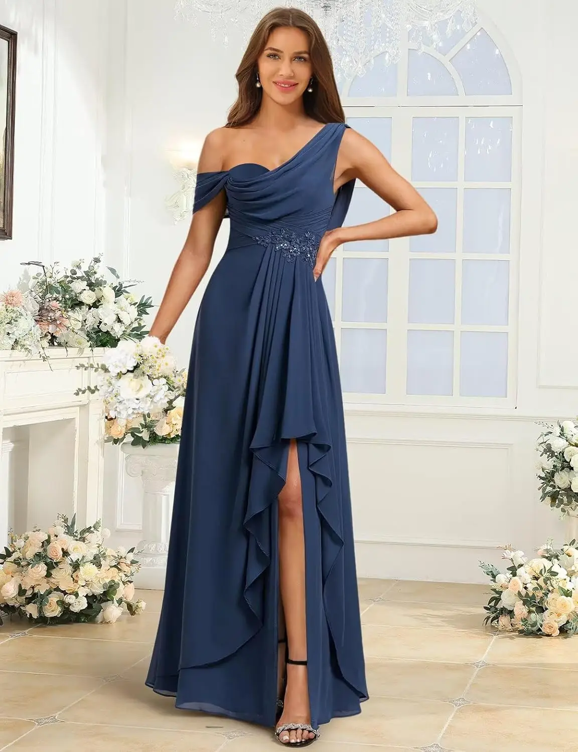 

Women's Lace Applique Bridesmaid Dresses with Slit One Shoulder Pleated Empire Waist Formal Dress with Pockets
