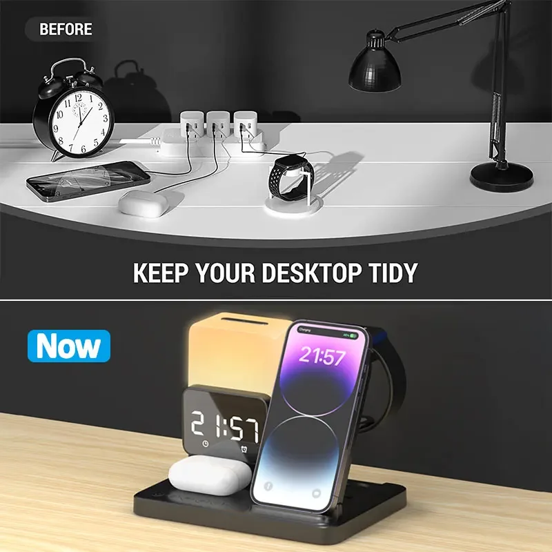 Foldable 6 in 1 Wireless Charger Stand Alarm Clock Lamp Fast Charging Docking Station for iPhone 14 13 12 X Pro Max Airpods Pro