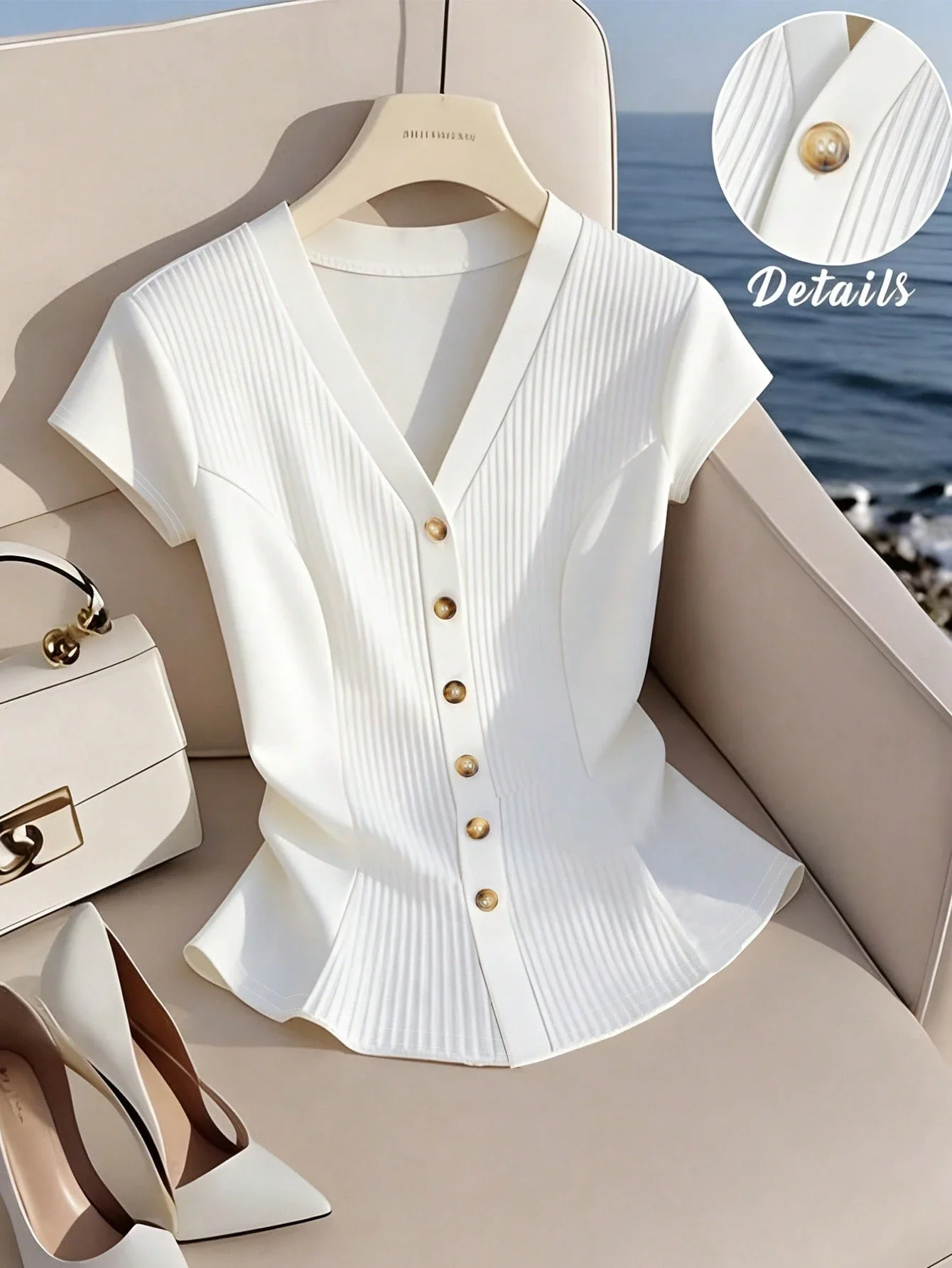 

Women's Deep V-Neck Short Sleeve Cinched Waist Button Closure Elegant Casual Blouse