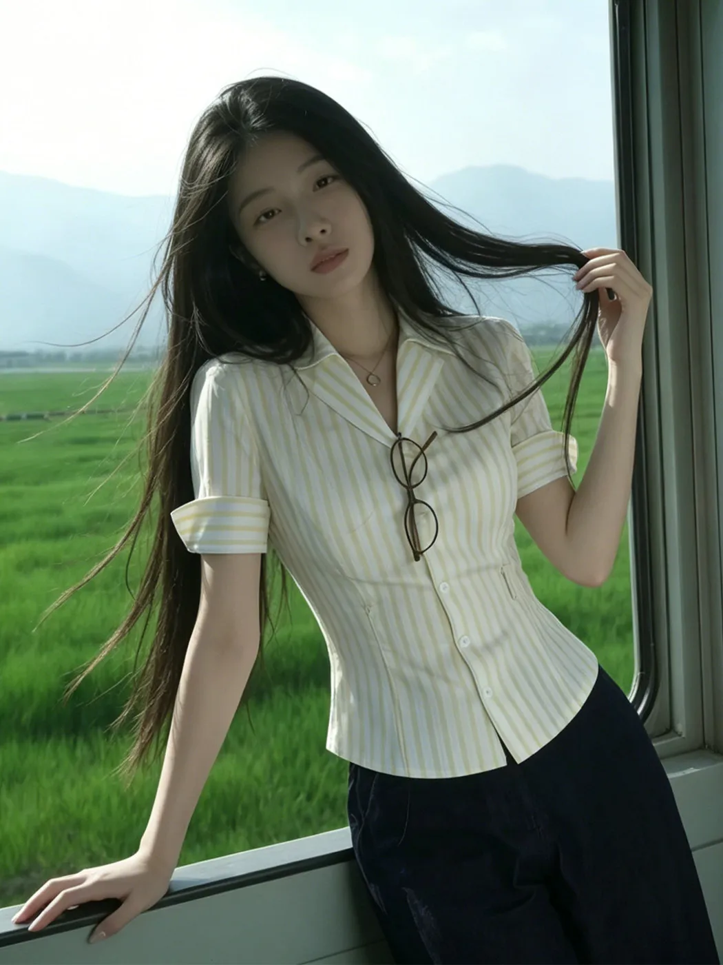 

Elegant Striped Shirt Women's Slim Fit Midi Sleeve V-Neck Waist Cinched Yellow Top French Style Regular Fabric Summer Design