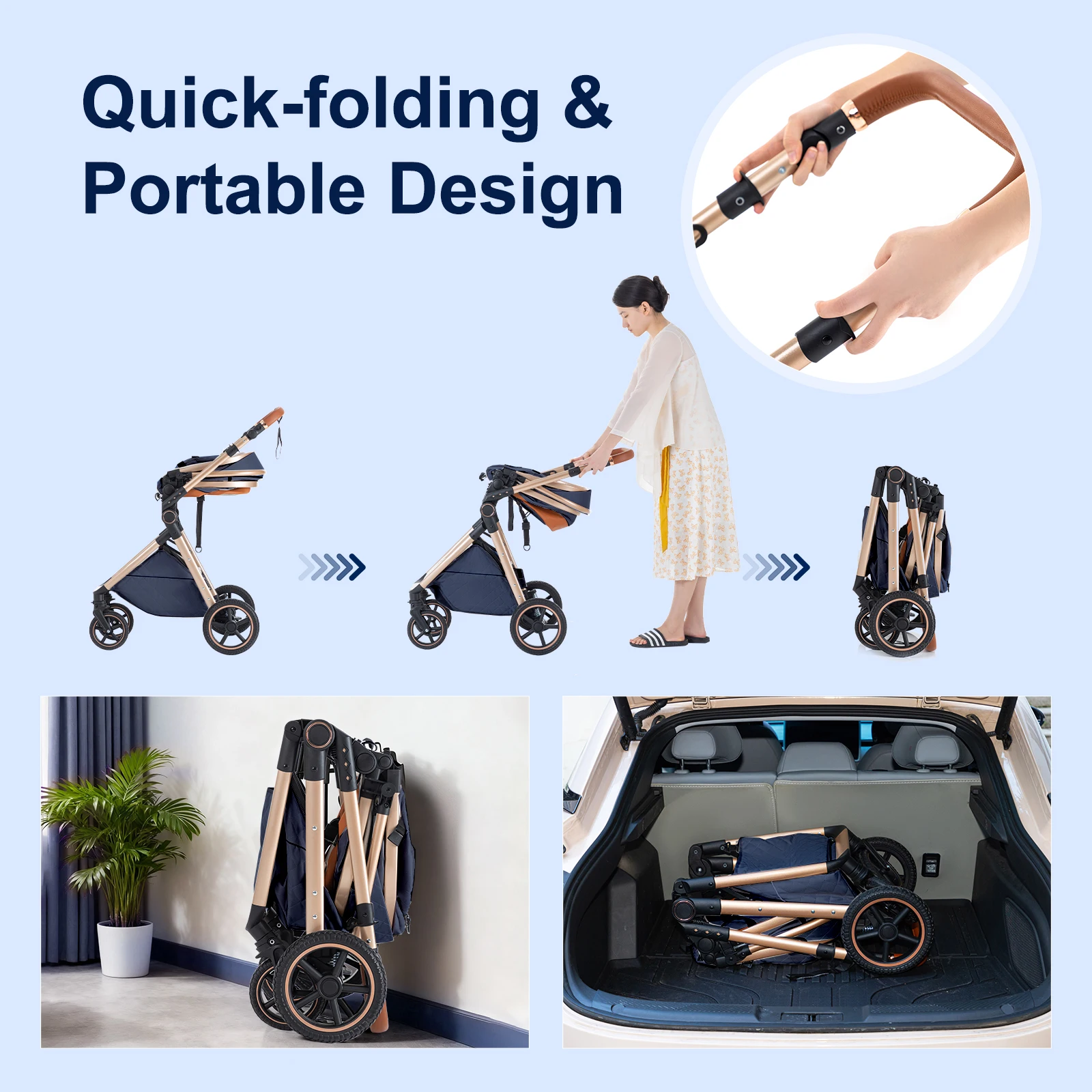 Luxus-Kinderwagen 3-in-1 Tragbarer Baby-Kinderwagen Klappbarer Kinderwagen mit hoher Sitzposition für Neugeborene Verstellbarer Griff für Reisen – Detail 6
